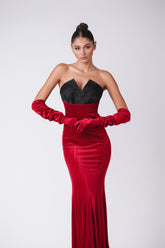 Velour evening gown with satin bustier and gloves